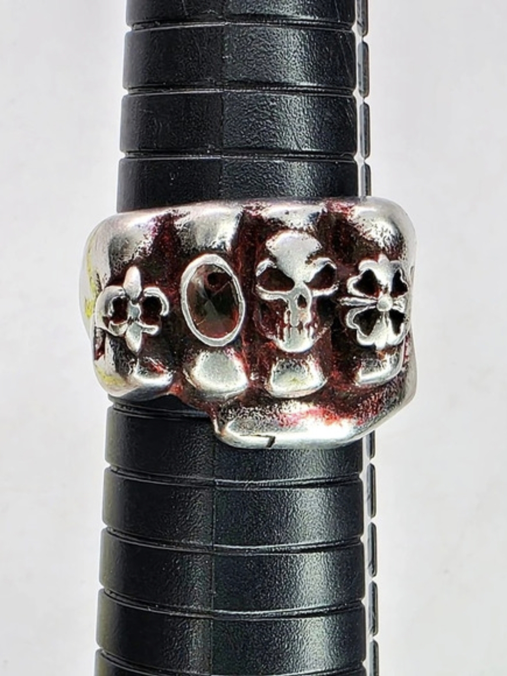 Vintage Biker Punk Fist Ring Skull Fleur De Lis Shamrock Red Silver Tone Sz 10.5